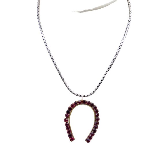 Deep Red Crystal Horseshoe Pendant Choker, BICO Snake Chain, Silver Tone Necklac - Picture 1 of 4